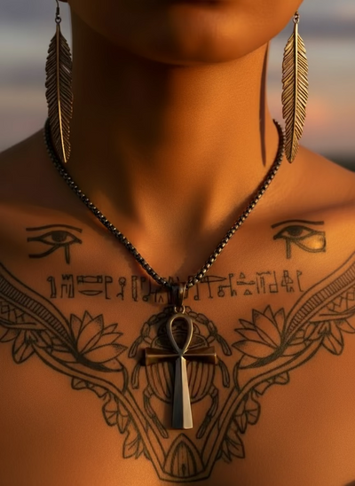 Necklace with an ankh pendant on a person with tattoos and earrings.