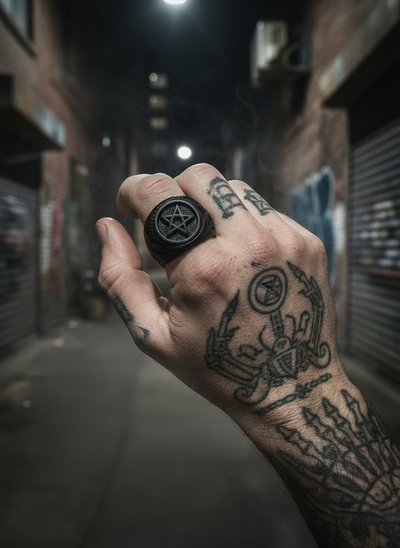 Black titanium ring with pentagram design on a white stand against a gray background