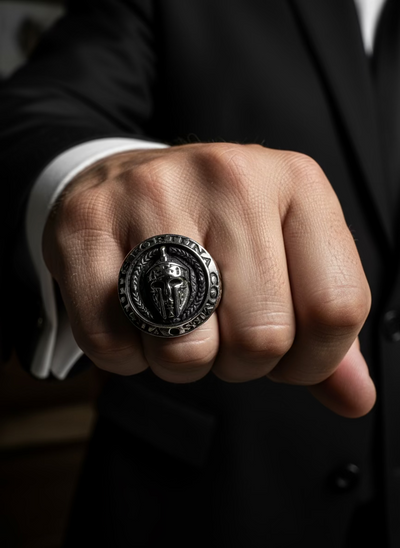 Hand wearing a Spartan Signet ring with a dark background