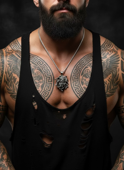 Silver Titanium Medusa head pendant and necklace on a mannequin neck