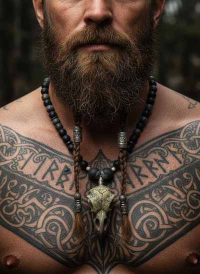 Necklace with a unique raven skull pendant on a gray surface
